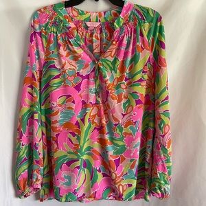 Lilly Pulitzer Women’s Elsa Silk Blouse Multi Lulu Flamingo Medium Pink Green